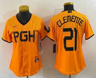 Women%27s Pittsburgh Pirates #21 Roberto Clemente Yellow 2023 City Connect Stitched Jersey